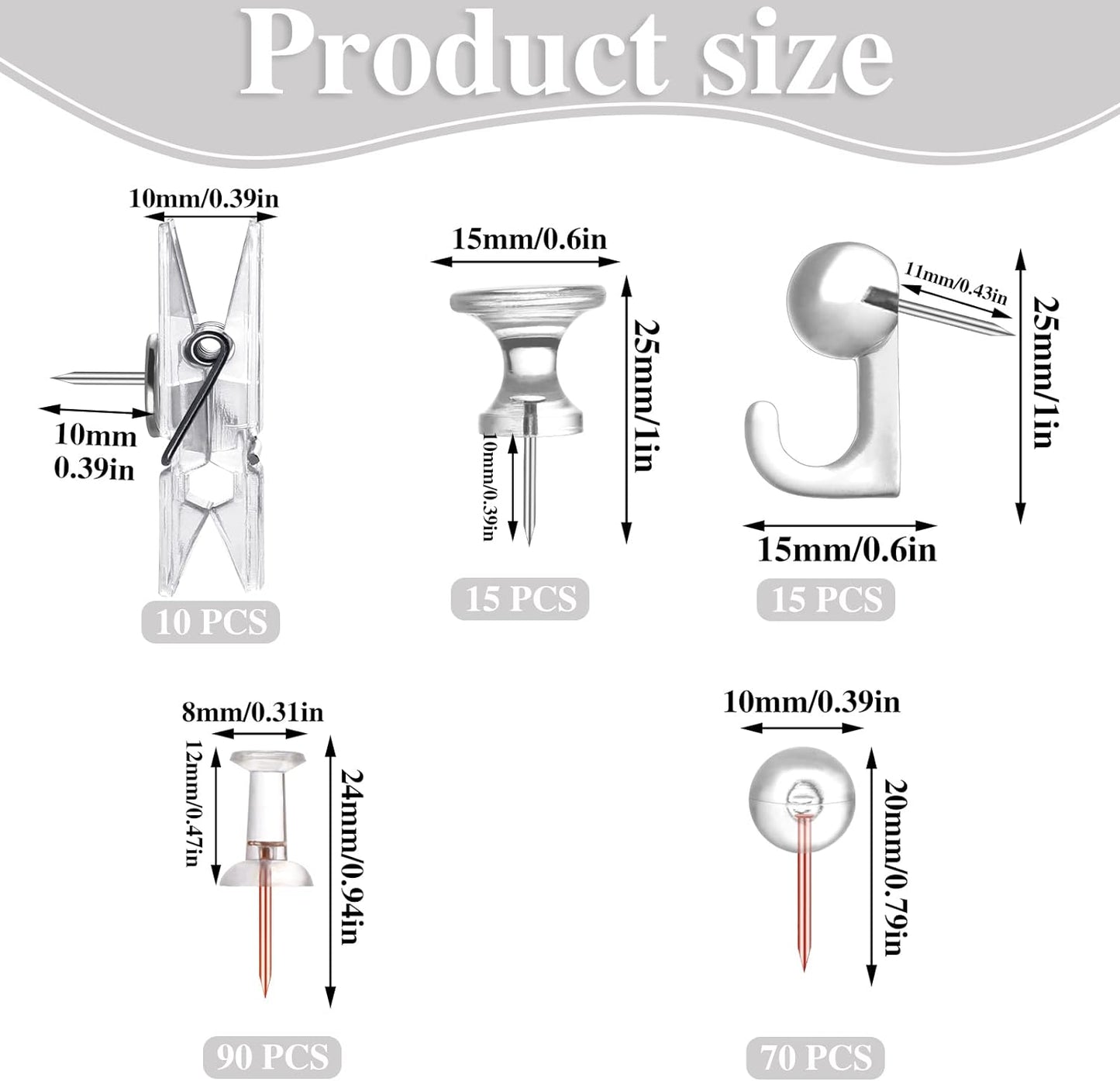 200 Pieces Push Pins Set, 5 Types Clear Thumb Tacks Push Pins for Wall Cork Board Bulletin Boards with Storage Box