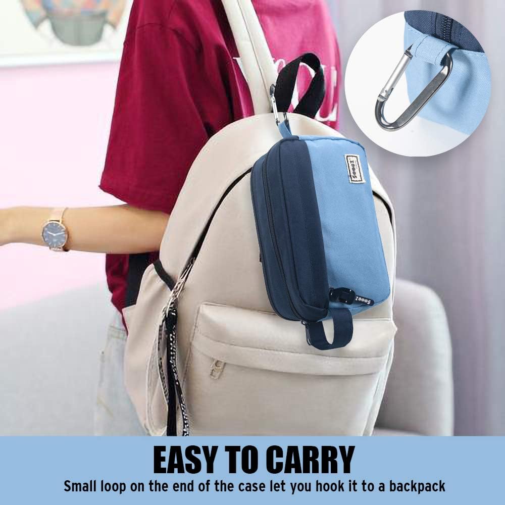 Sooez High Capacity Pencil Case, Big Pencil Bag Pouch Box Organizer Pen Case, Portable Journaling Supplies with Easy Grip Handle & Loop, Asthetic Supply for Girls Adults, Blue