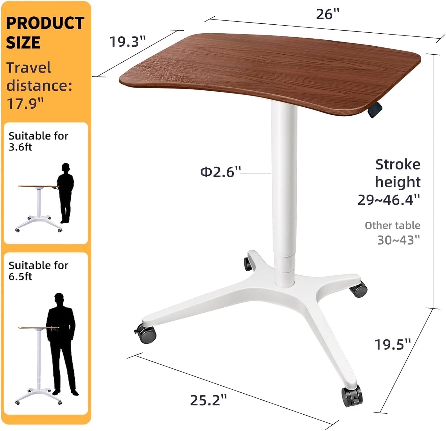 47" Mobile Standing Desk(26" W*19.3" D), Adjustable Height Laptop Desk, Pneumatic Desk with Gas Spring Riser, Podium for Home, Office，Classroom，Medical, (29" to 46.9" H) (Walnut)