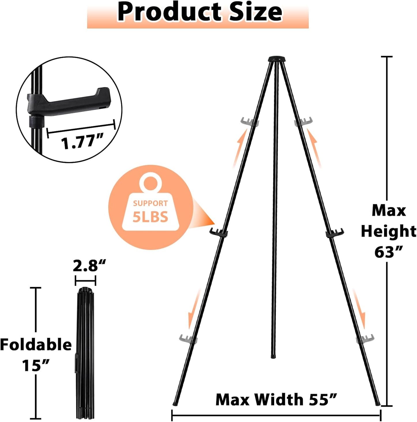 Instant Display Easel Stand, 63" Collapsible Portable Adjustable Height Art Easel - Easy Folding Telescoping Metal Floor Poster Tripod for Display, Black(3 Pack)