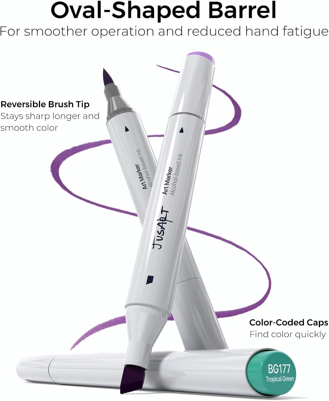 JusArt Alcohol Brush Markers, 72 Colors Dual Tip Art Markers with Brush & Chisel, Alcohol Based Marker Set for Adult Coloring Books, Drawing, Illustration, Sketching, No Bleed Ink Art Supplies