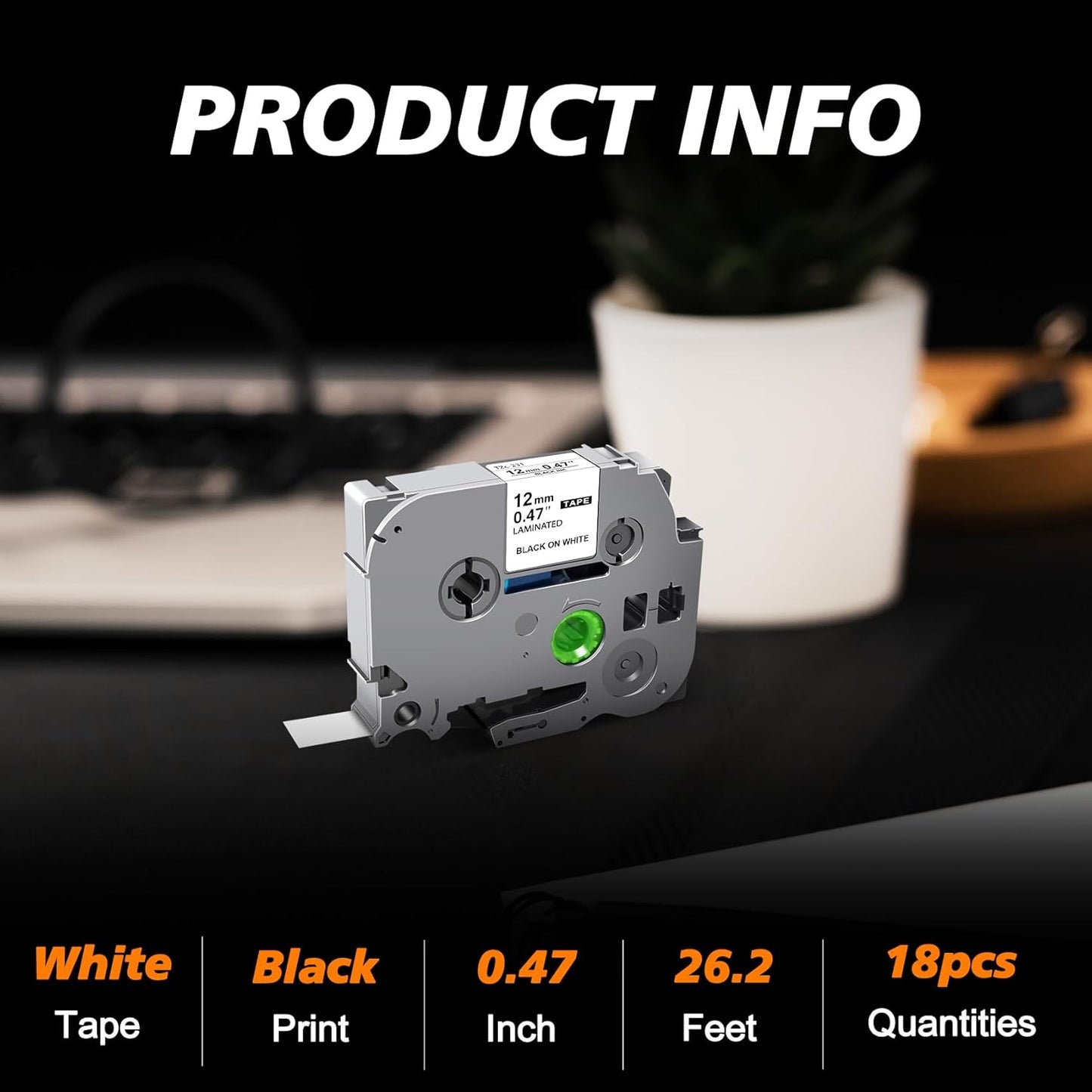 18Pack Label Maker Tape Compatible with Brother PTouch TZe-231 Tape, ½” 0.47”x 26.2 ft Laminated Black on White, for PT-D210, PT-H110, PT-D220, PT-D410, PT-D600