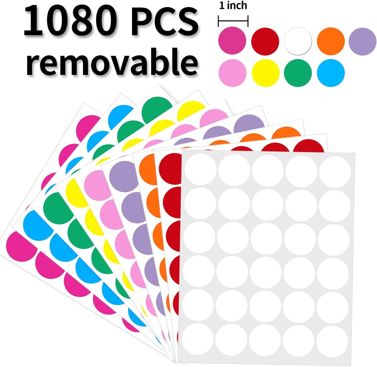 1 Inch Removable Color Code Dot Sticker Round Labels,Garage Sale Stickers Price Tags Label Blank Yard Sale Circle Dot Stickers Removable Writable Not Blurry (1080 Pack,9 Colors)