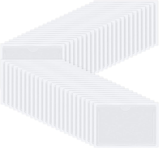 Chinco 50 Pack Clear Adhesive Pockets, Labels for Storage Bins, Plastic Self Adhesive Index Card Holder with Top Open for Organizing Bins Box Drawer(4.3 x 6.3 Inches)