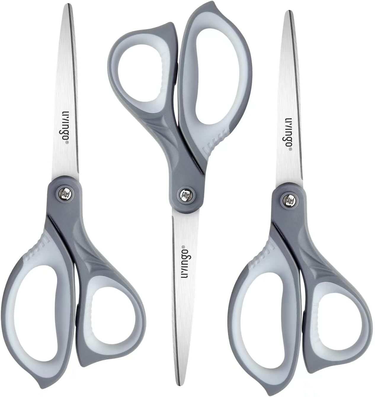 LIVINGO 3 Pack Scissors for Office: Sharp Stainless Steel Shears Heavy Duty All Purpose for Cutting Crafting Paper Fabric, Gray Comfort Handles, 8.5 Inches