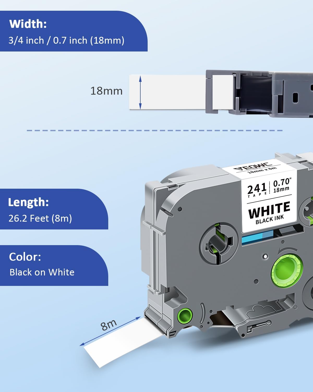 TZe-241 18mm 0.7 Laminated White Tape Compatible for Brother TZe241 Tz-241 P Touch 3/4" TZe TZ Tape for Brother Ptouch PT-D400 PT-D600 PT-D410 PT-D610BT PTD460BT Label Maker, Black on White, 4-Pack