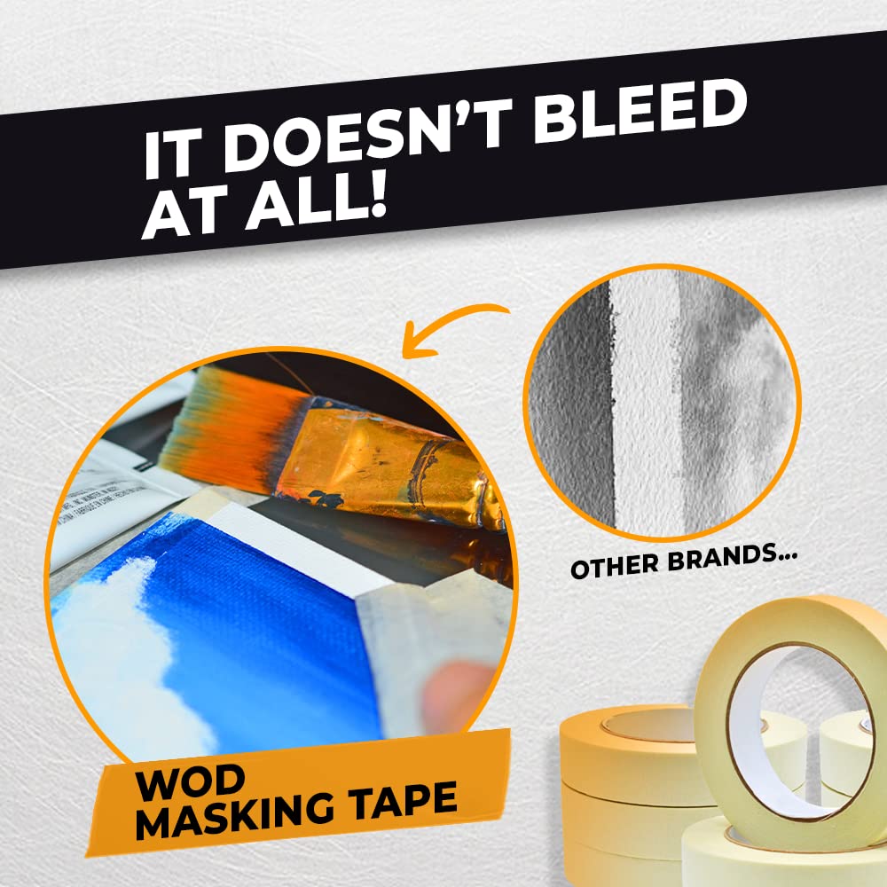 WOD MT5 Utility Grade Masking Tape, 3/4 inch x 60 yds. for Home or Office air-Dry Painting, Labeling, & Packing. Leaves no Residue