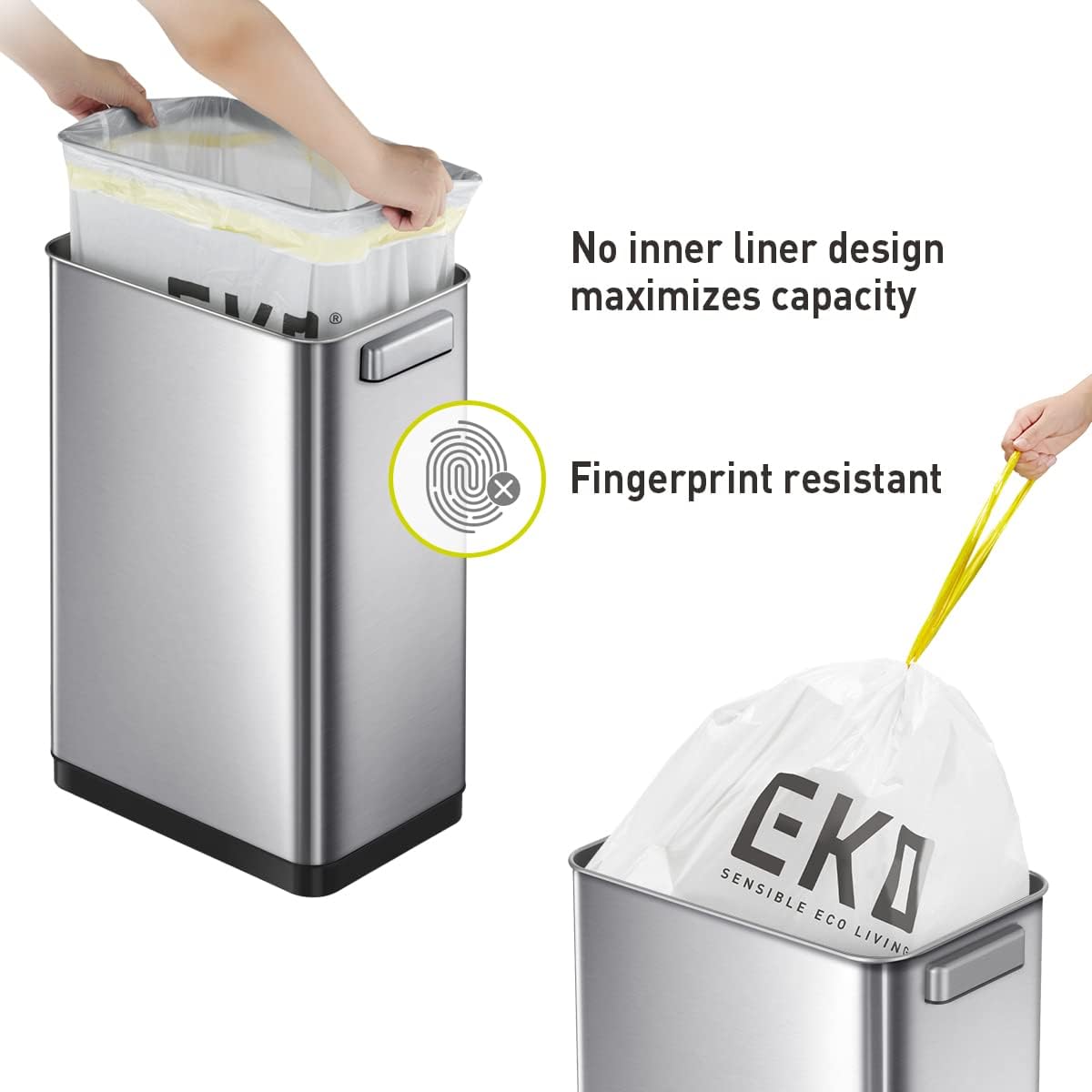 EKO Deluxe Mirage-T 50 Liter / 13.2 Gallon Touchless Rectangular Motion Sensor Trash Can, Matte Stainless Steel Finish