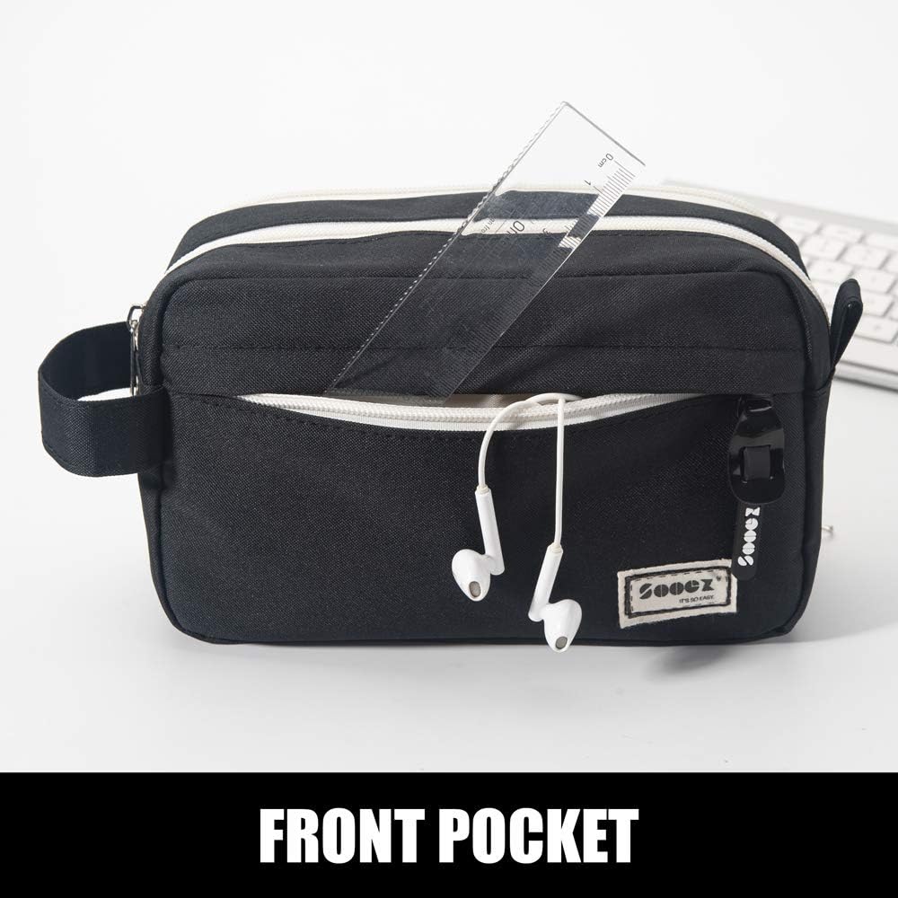 Sooez High Capacity Pencil Case, Big Pencil Bag Pouch Box Organizer Pen Case, Portable Journaling Supplies with Easy Grip Handle & Loop, Asthetic Supply for Girls Adults, Black