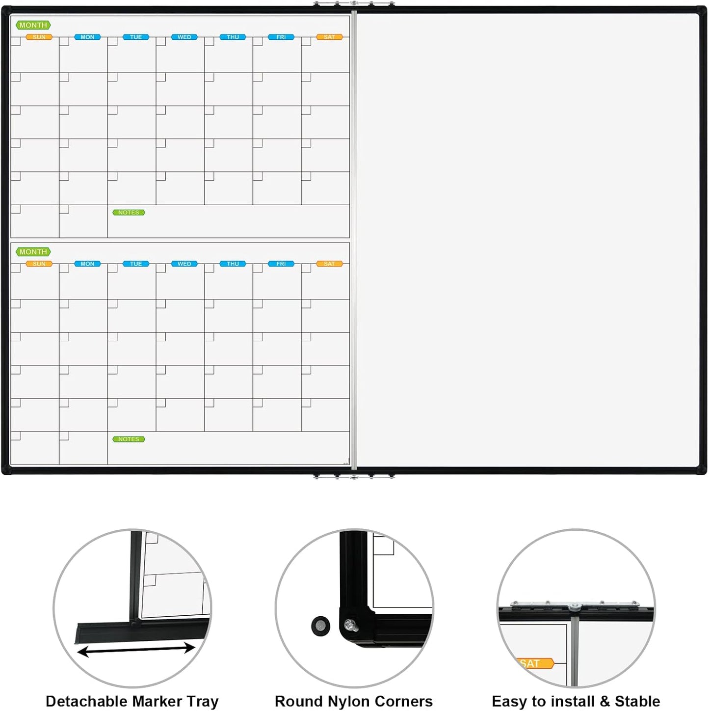 JILoffice Magnetic Foldable Dry Erase Calendar Whiteboard Combo, 2 Month Calendar Board & White Board 60 X 40 Inch, Black Aluminum Frame Wall Mounted Board for Office Home and School