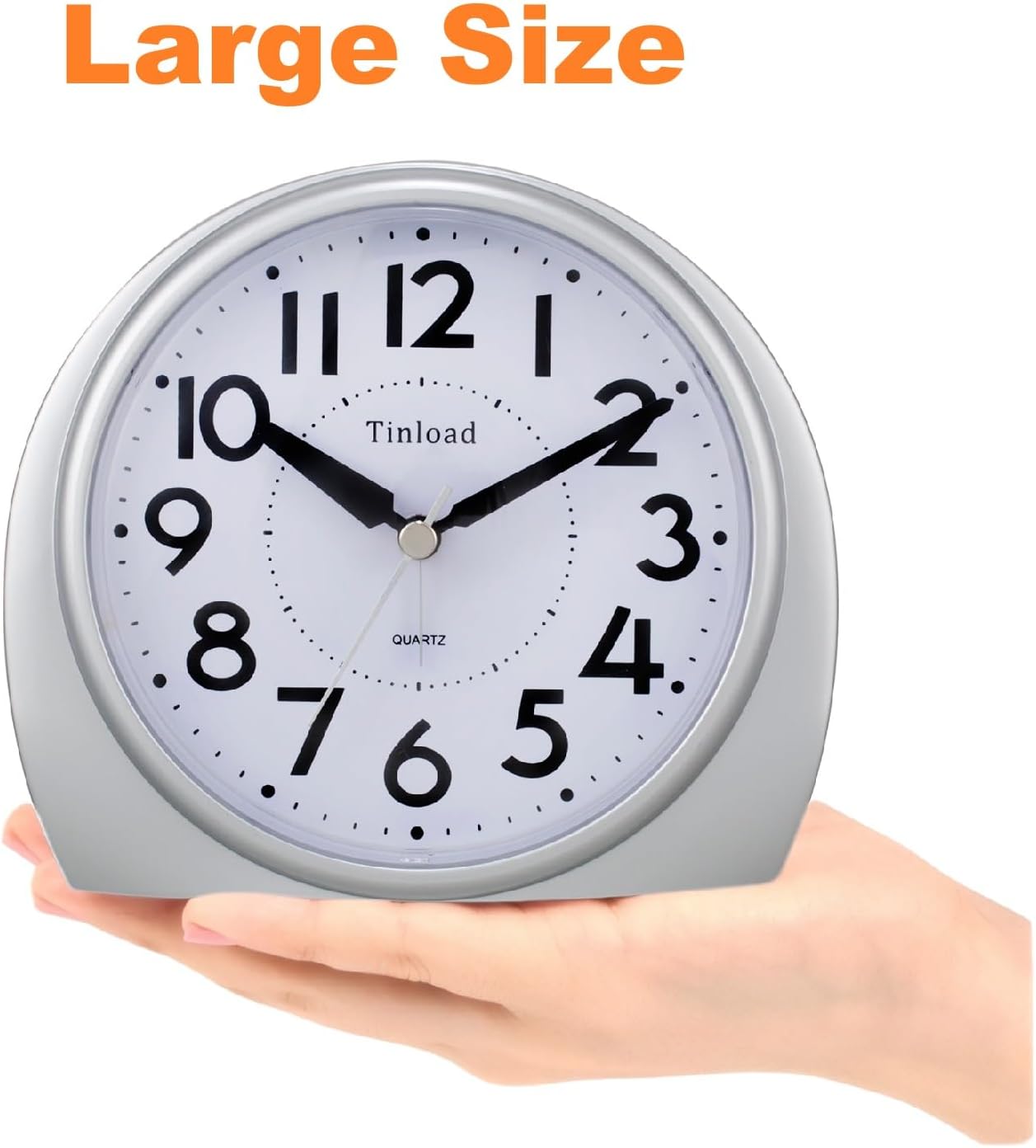 5.5" Large Analog Alarm Clock Silent Non Ticking, Gentle Wake, Beep Sounds, Increasing Volume, Battery Operated Snooze and Manual Light, Easy Set,Silver(Best for Elder)