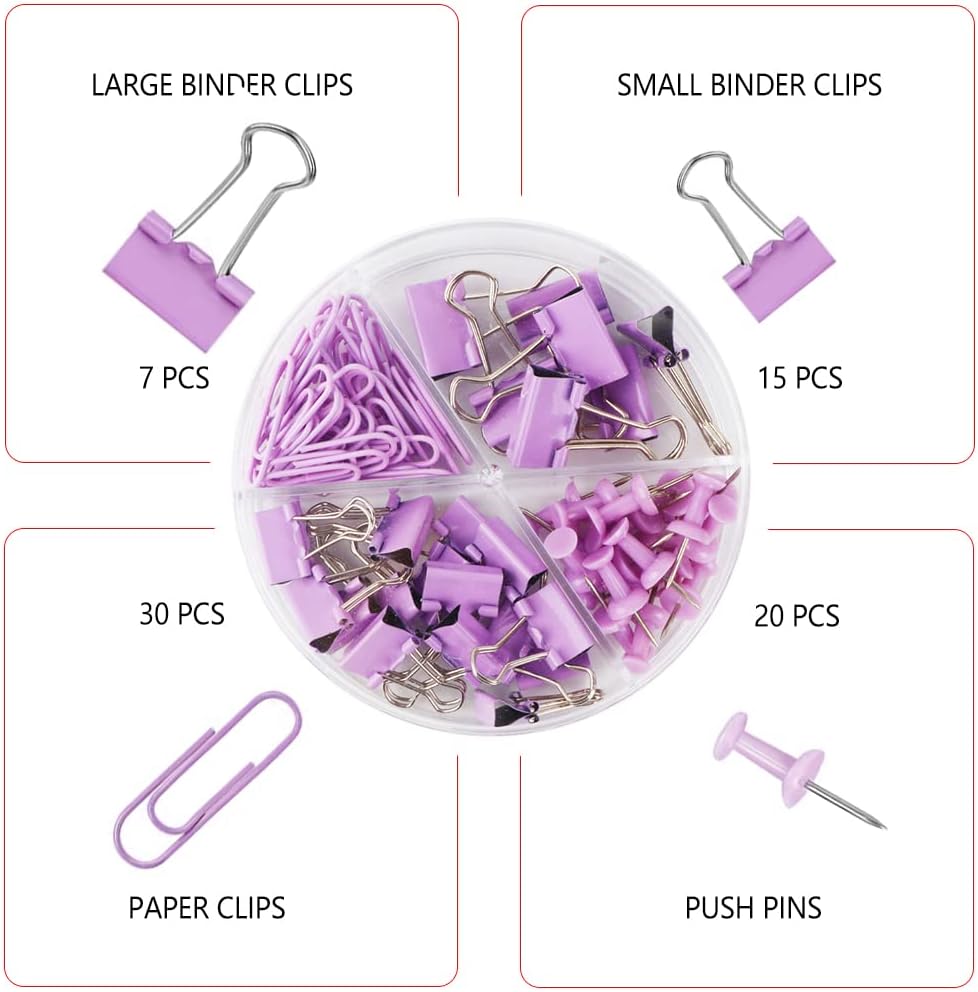 Purple Binder Clips and Paper Clips Push Pins Tacks Sets, Total 72 PCS Assorted Sizes Office Supplies Set for Women, Student, School, Home & Desk Supplies