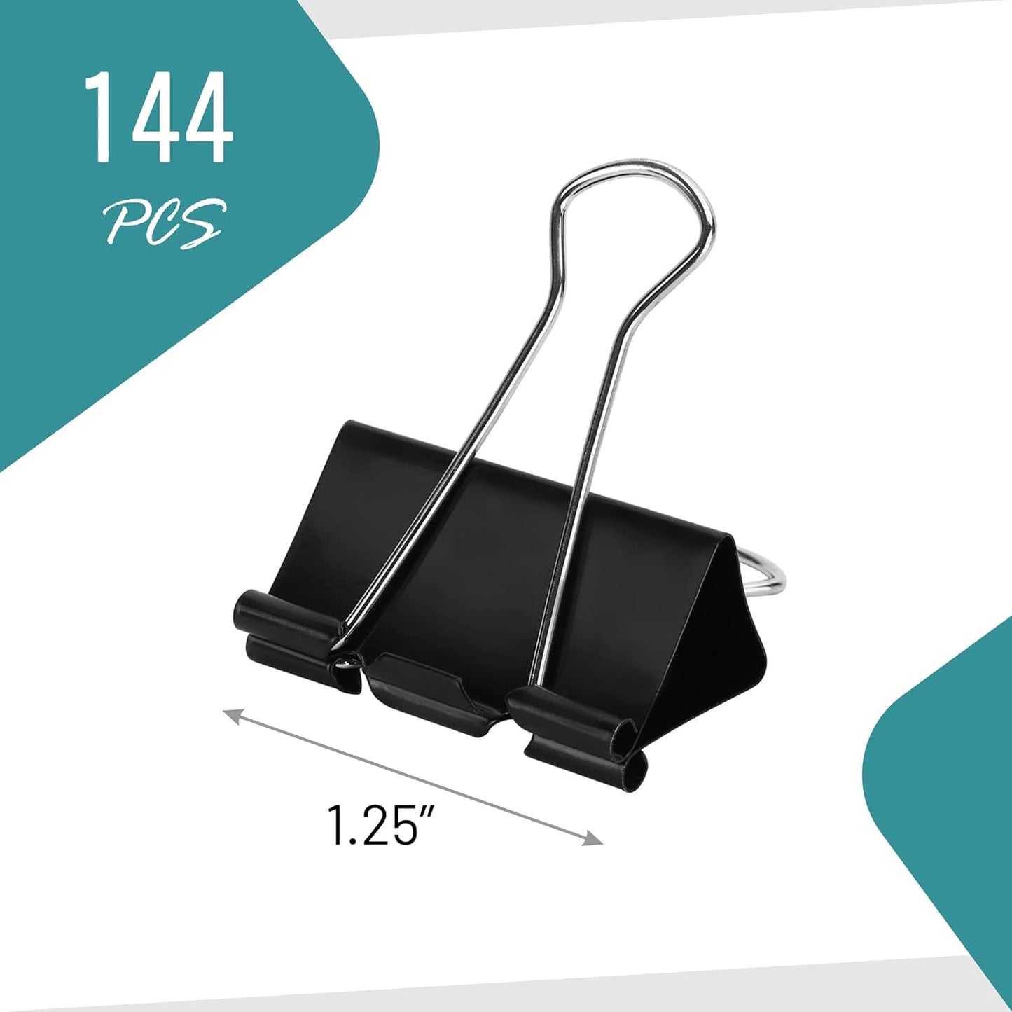 Binder Clips - 144 Medium Binder Clips, 1.25 Inch Black Paper Clamps, File Clip for Home, Office and School Supplies