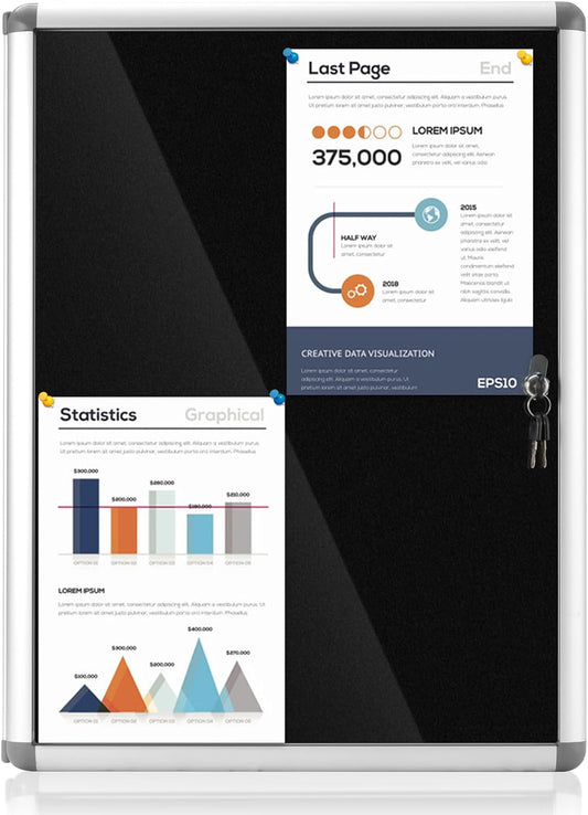 Enclosed Bulletin Board Lockable Display Case Message Board with Locking Door for Indoor, Black Felt, Silver Aluminum Frame, 26x20inch(4XA4)