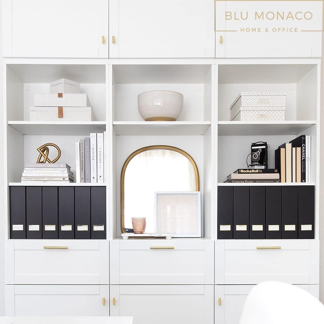 BLU MONACO Declutter in Style - Set of 6 Black Foldable Magazine File Holders with Gold Label Holders - Cardboard Magazine Storage Box & Desk Organizer for Workspace and Shelves