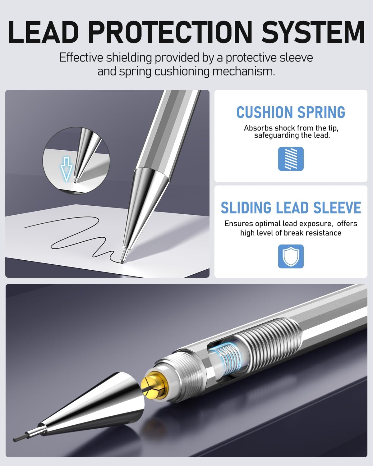 Four Candies 0.7mm Mechanical Pencil Set with Case - 4PCS Metal Mechanical Pencils, 8 Tubes HB #2 Lead Refills, 3PCS 4B Erasers and 9PCS Eraser Refills, Lead Mechanical Pencils for Writing & Drawing