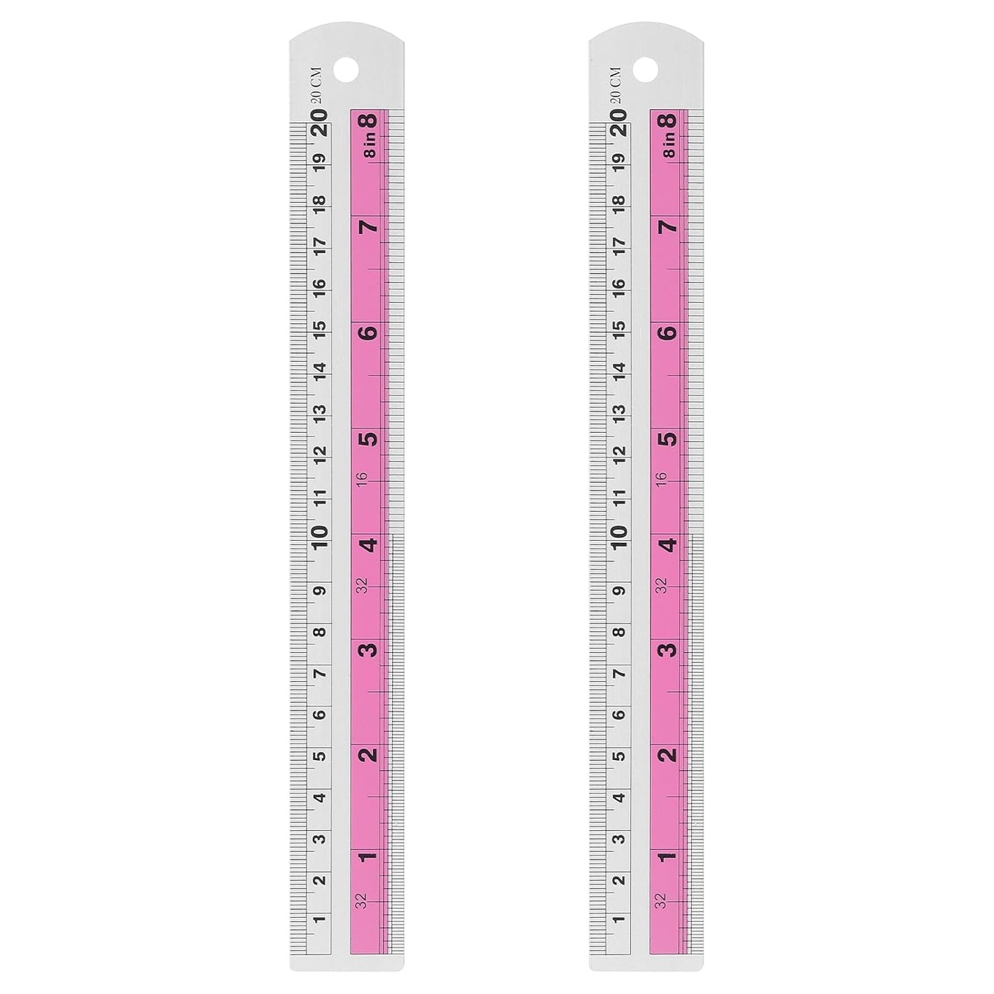 HARFINGTON 2pcs Metal Straight Ruler 20cm Metric SAE Aluminum Alloy Measuring Rulers Scale Tools with Hole for Measure Study Reading Classroom Office, Pink