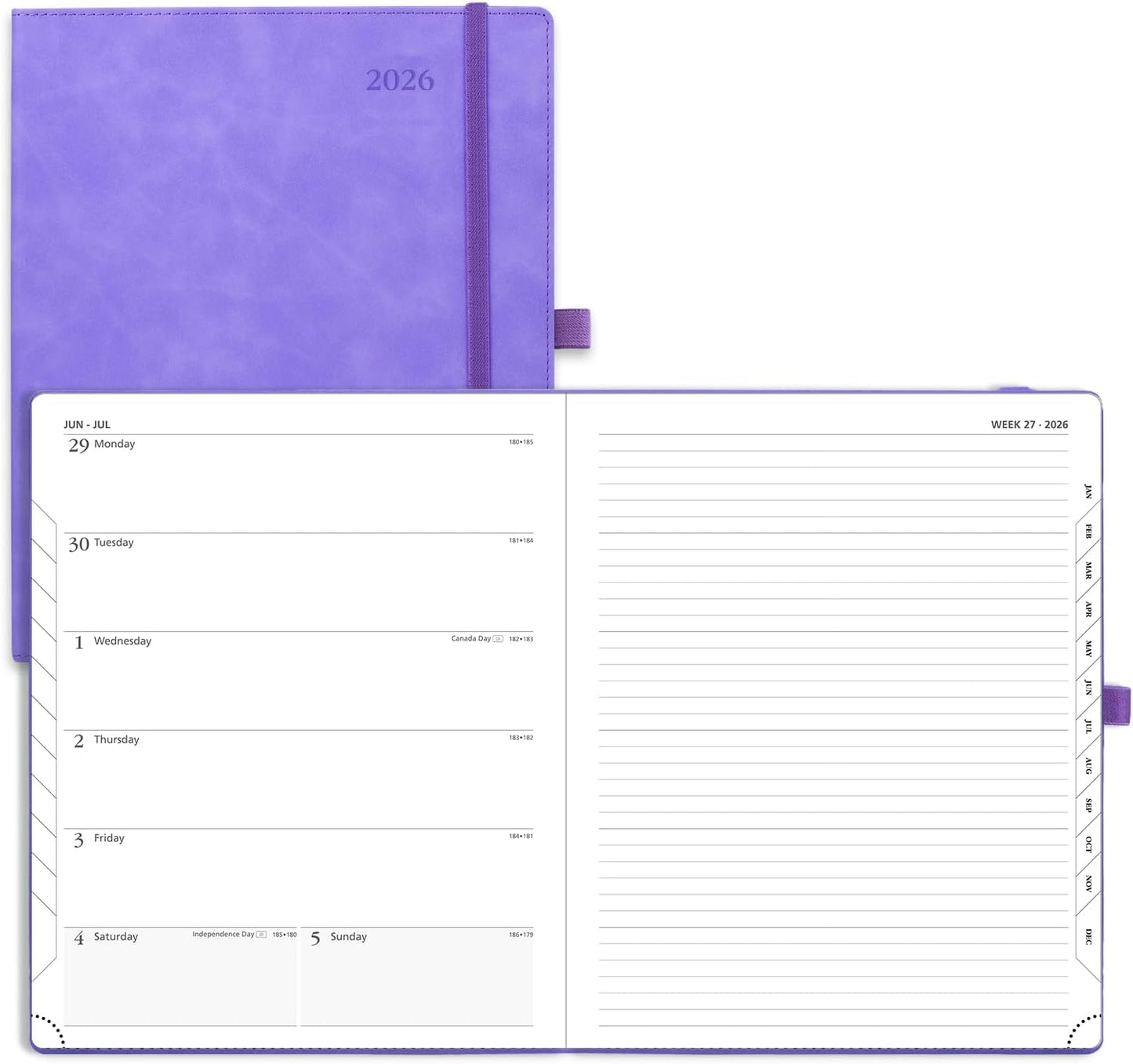 POPRUN Weekly Planner 2026 (Large 8.5" x 10.5") Calendar 12 Months Notebook with Horizontal Layout, Leather Soft Cover, Monthly Tabs, Inner Pocket, 100GSM Thick Paper, Pen Holder - Lilac