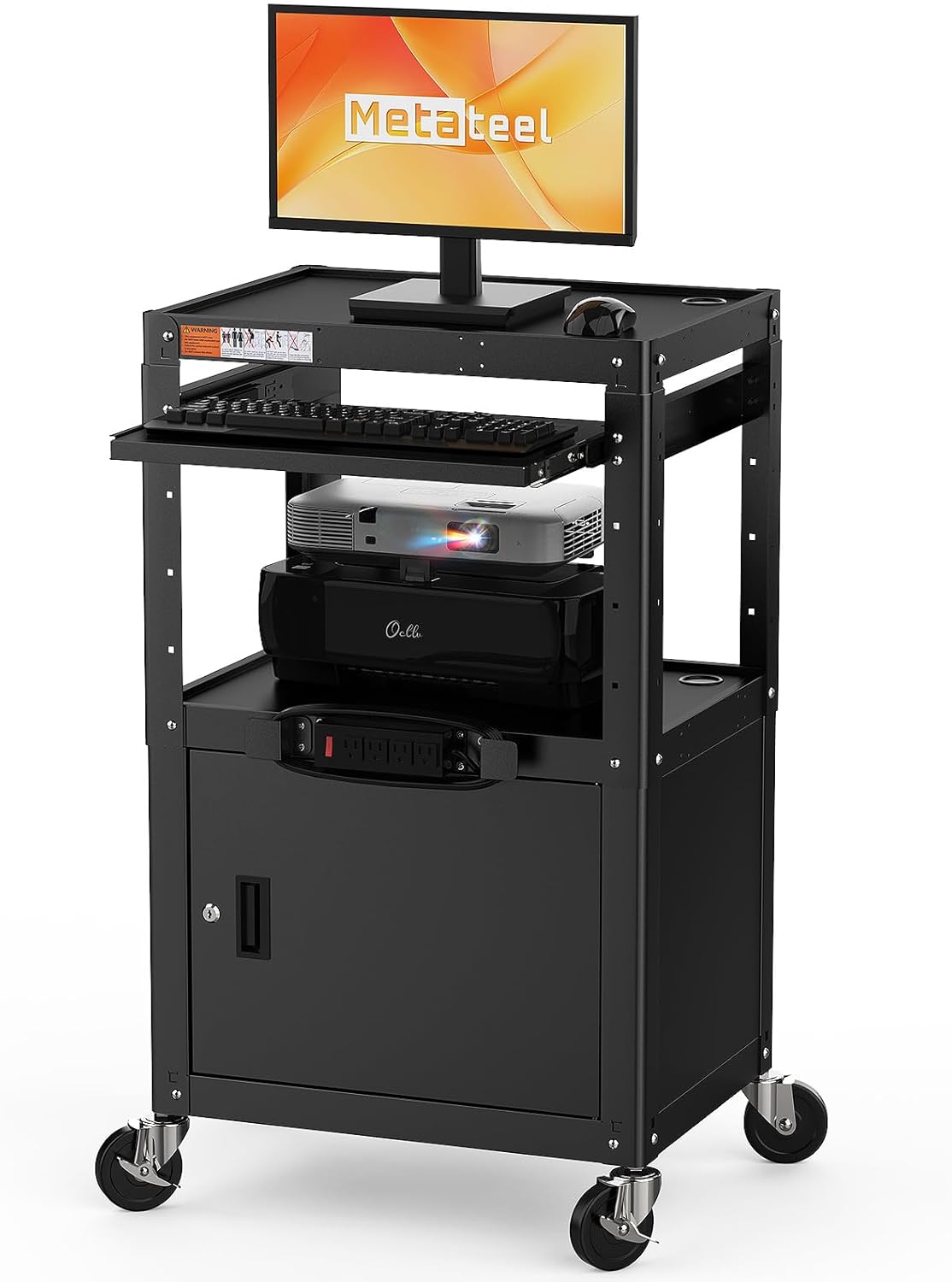 Steel Large AV Cart with Extra Storage - Adjustable Height Cart with Locking Cabinet, Pullout Tray, Power Strip, and Cord Management - Holds 300 lbs and Easy to Assemble (24'' x 18'' x 42'')
