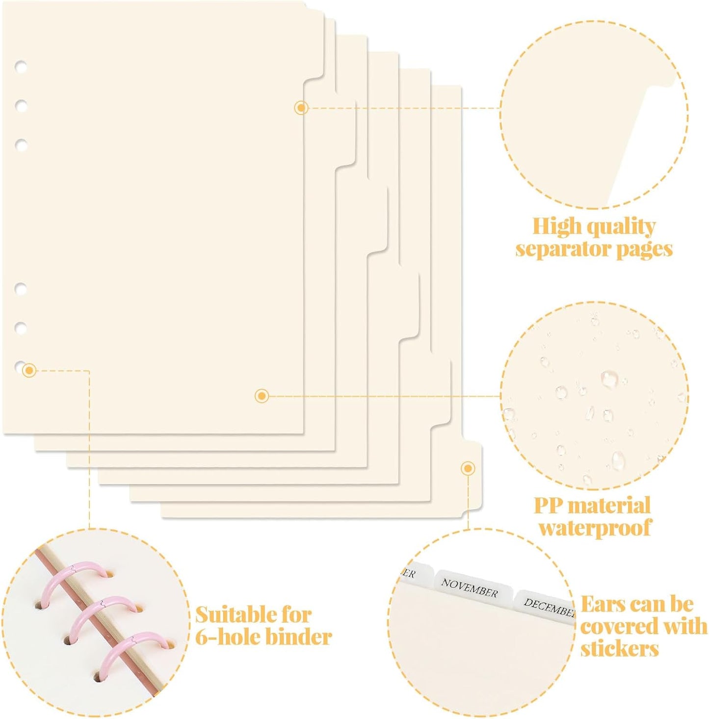 A5 Plastic Binder Dividers 6 Holes Durable Plastic Tab Dividers for 6-Ring Binders, Notebooks, Planners, 5.7x8.3 inch (Beige)