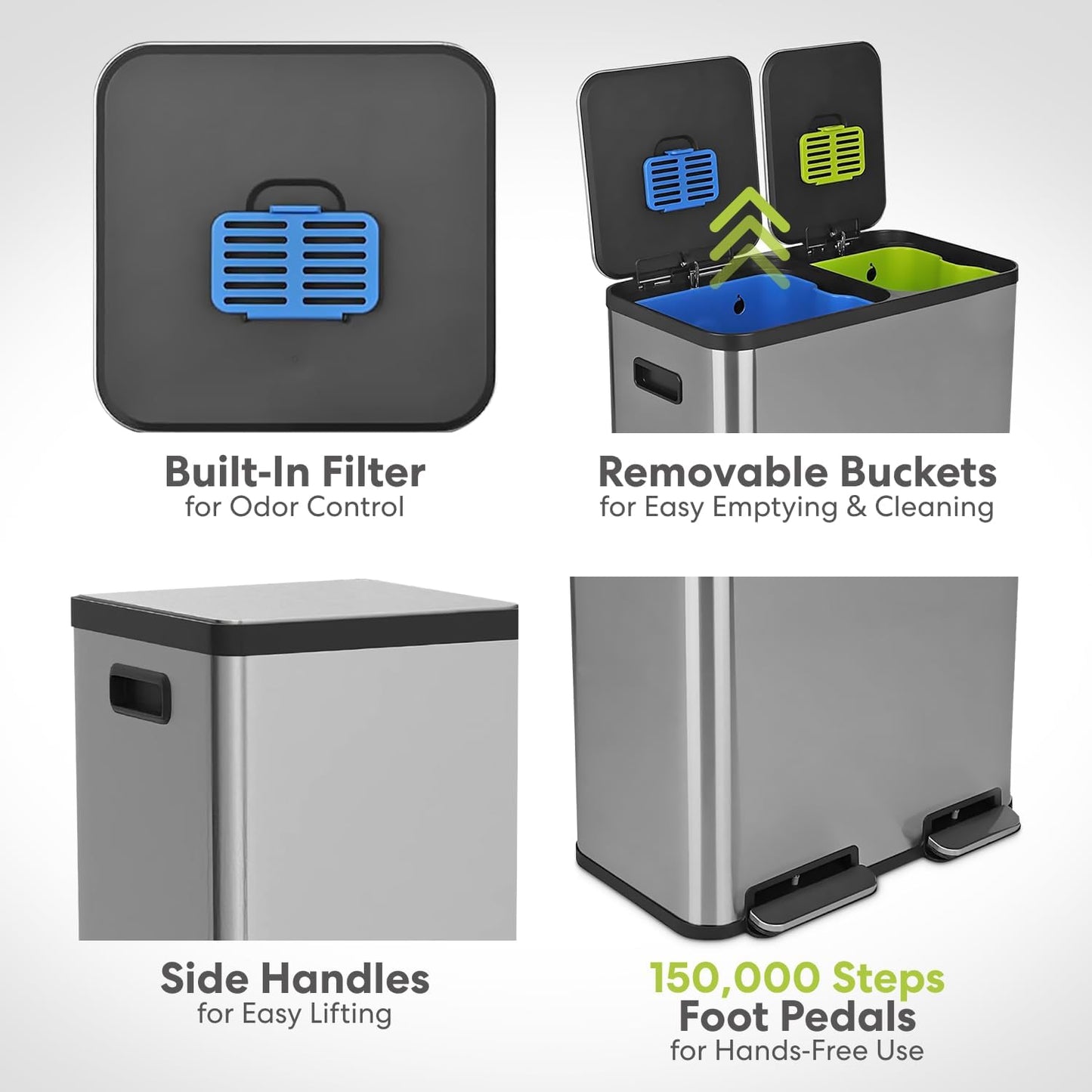 Simpli-Magic 18.5 Gallon (40L x 30L) Dual Compartment Step Trash Can – Kitchen Garbage Can with Waste & Recycling Bins – Slow-Close Lid, Odor Control, Hands-Free, Stainless Steel