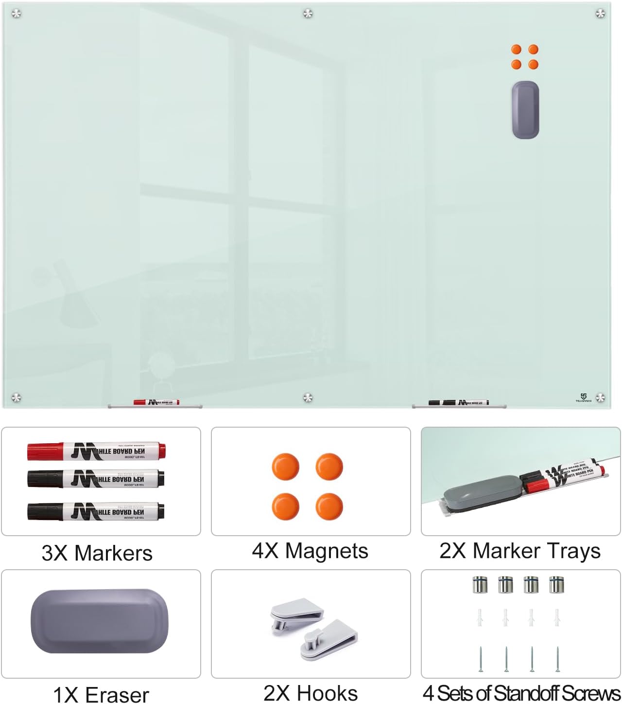 TSJ OFFICE Glass Dry-Erase Board - 72 x 48 Inches (6' X 4') Wall Mounted Glass Magnetic Whiteboard, Extra Large Frameless White Board for Office, Home & School