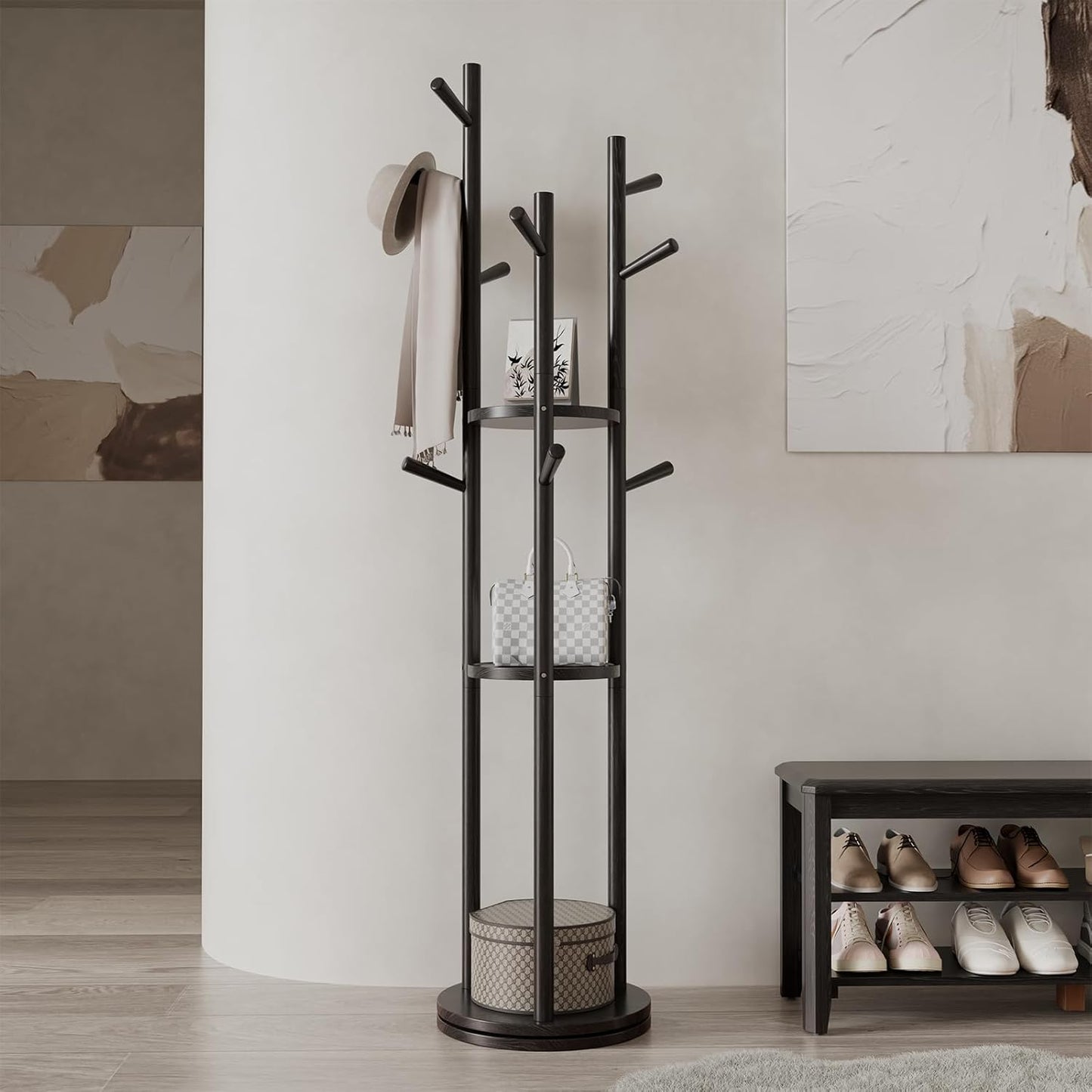 Solid Wood Rotary Coat Rack, Freestanding Coat Rack with 3 Shelves and 9 Hooks, Coat tree for Bedroom, Entryway, Livingroom, Coat Hanger Stand for Coats, Scarves, Handbags (Black)