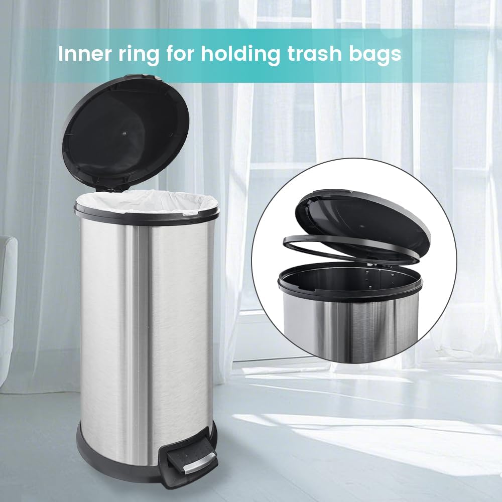 10 Gallon Stainless Steel Trash Can – Round Tall Design, Hands-Free Pedal, Liner-Free with Inner Ring Bag Holder, Rust-Proof for Kitchen, Office, or Bathroom (12.8" x 13.6" x 24")