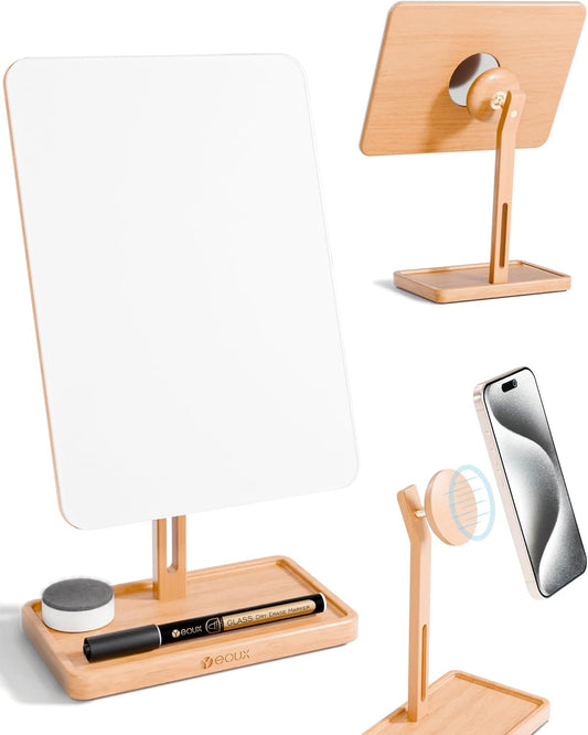 YEOUX Premium Desktop Glass Whiteboard & Magnetic Phone Stand 2-in-1 | 360° Adjustable | Solid Wood | MagSafe Compatible, Small Dry Erase Board for Office Home Desk