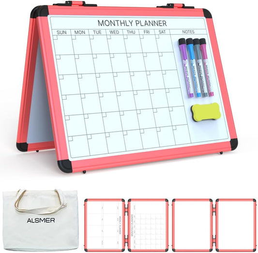 4 Sided Foldable Whiteboards Calendar, 17"x13" Desktop Whiteboard, Integrating with Monthly and Weekly Planner, Multi-Functional Whiteboard Suitable for Home, School and Office.