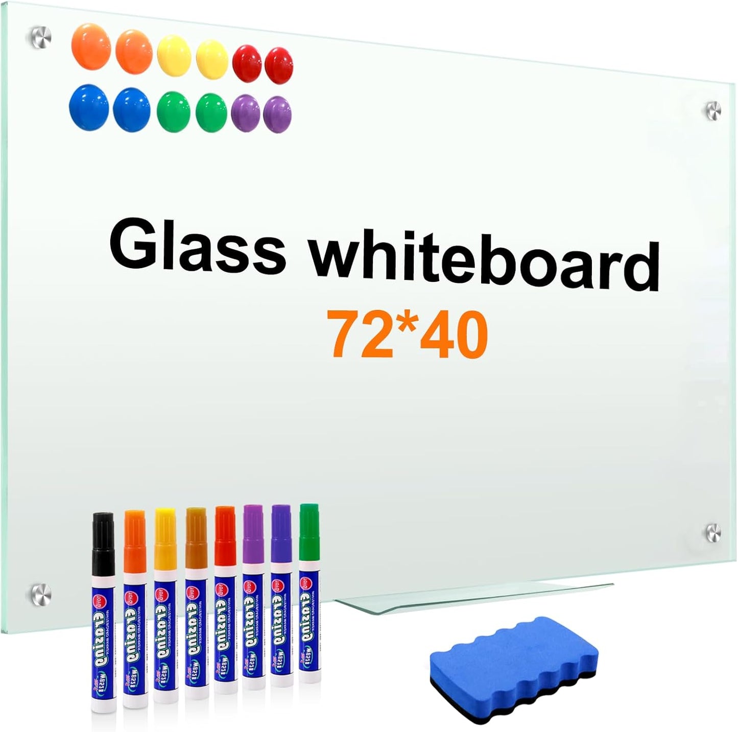 H-Qprobd Dry Erase White Board for Wall 72"x40" Magnetic Glass Frameless Whiteboard Mount for Home School Supplies or Home Office Decor, Includes 8 Magnets, 8 Markers and 2 Erasers