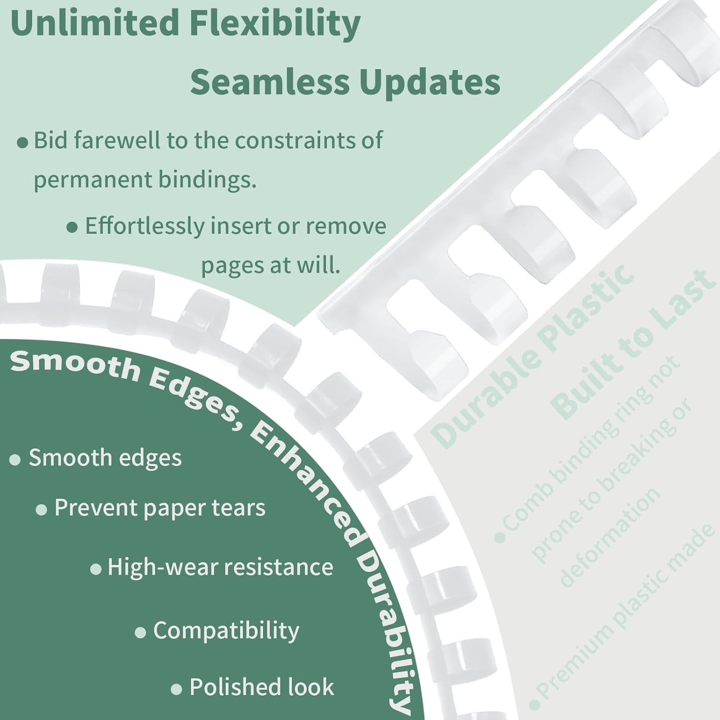 Plastic Binding Combs, Mixed Size, 21rings, 1/4in, 5/16in, 3/8in, 1/2in, Binding Capacity 20-90 Sheets, Max. Binding A4 Size Paper, White, Pack of 100