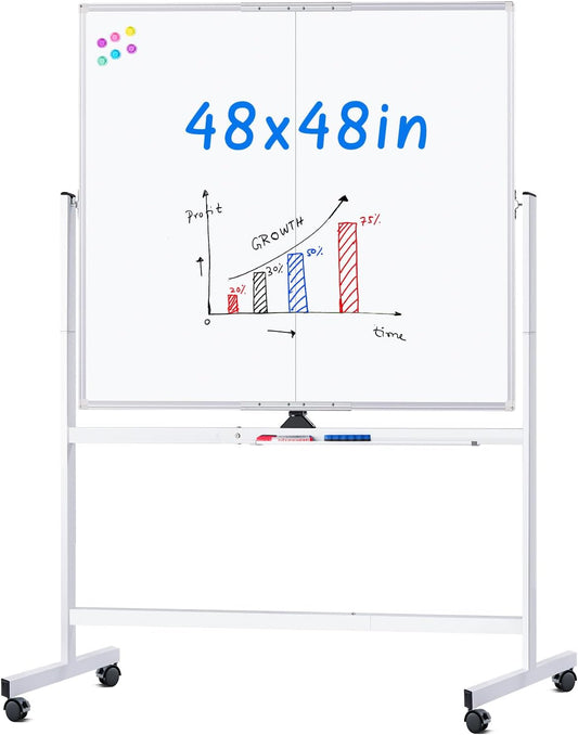 maxtek Rolling Whiteboard, 48x48 Large Magnetic White Board with Stands, Big Double-Sided White Board Dry Erase on Wheels for Homeschool, Home Office, Office, School