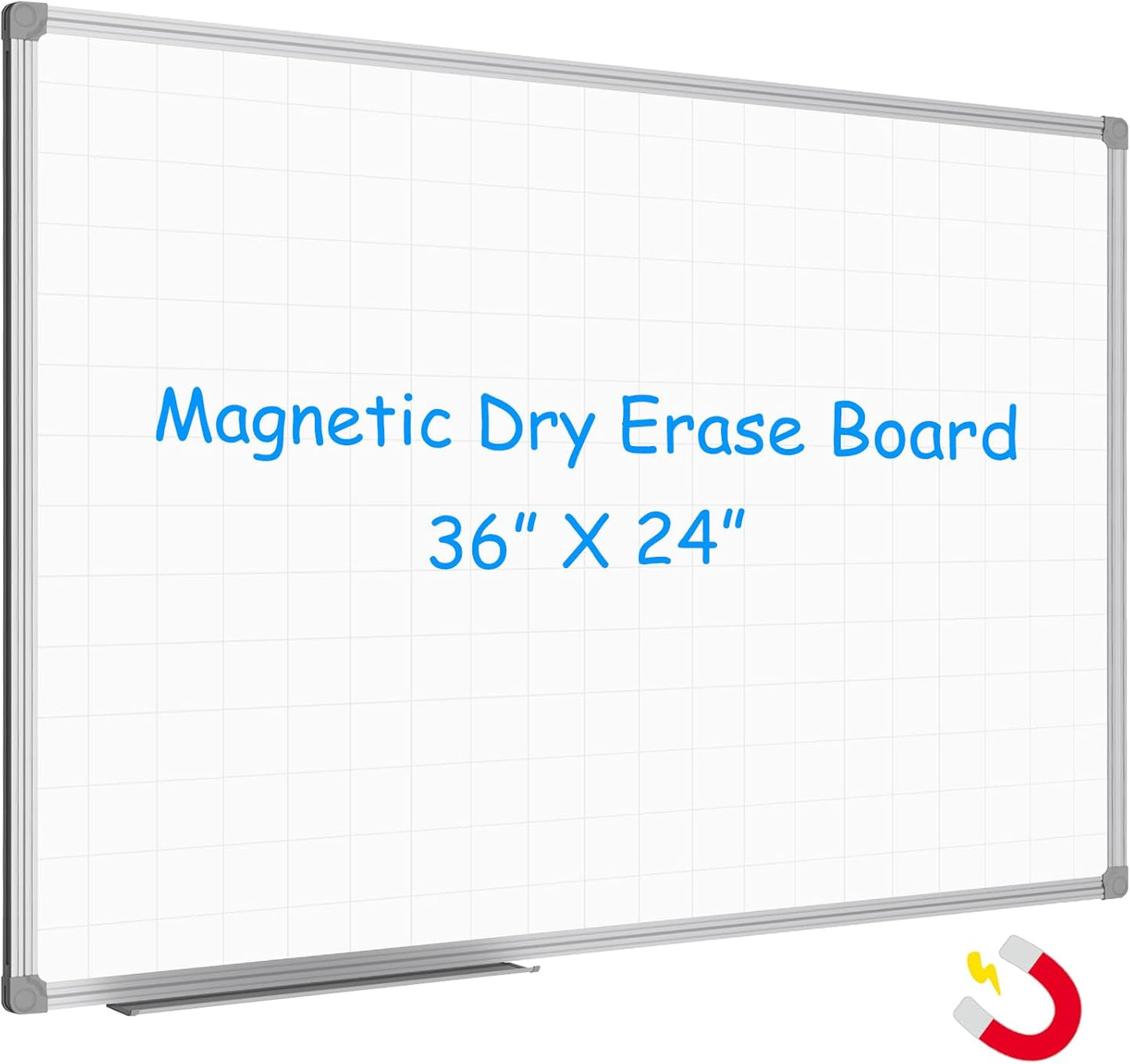 JILoffice Magnetic Dry Erase Planning Board, Grid Pattern White Board 36 x 24 Inch, Silver Aluminum Frame with Detachable Marker Tray for Office School and Home