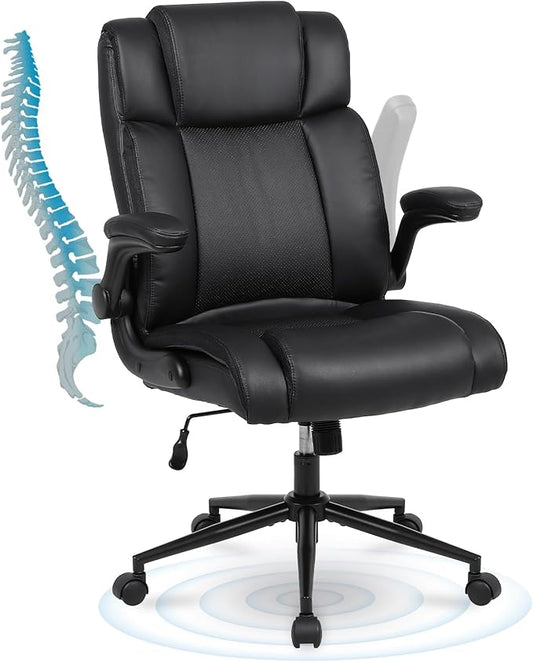 Executive Office Chair with Thicken Flip-up Armrest, Ergonomic Home Office Desk Chair with Lumbar Support, Upholstered PU Leather Computer Gaming Chair for Home/Office, Black