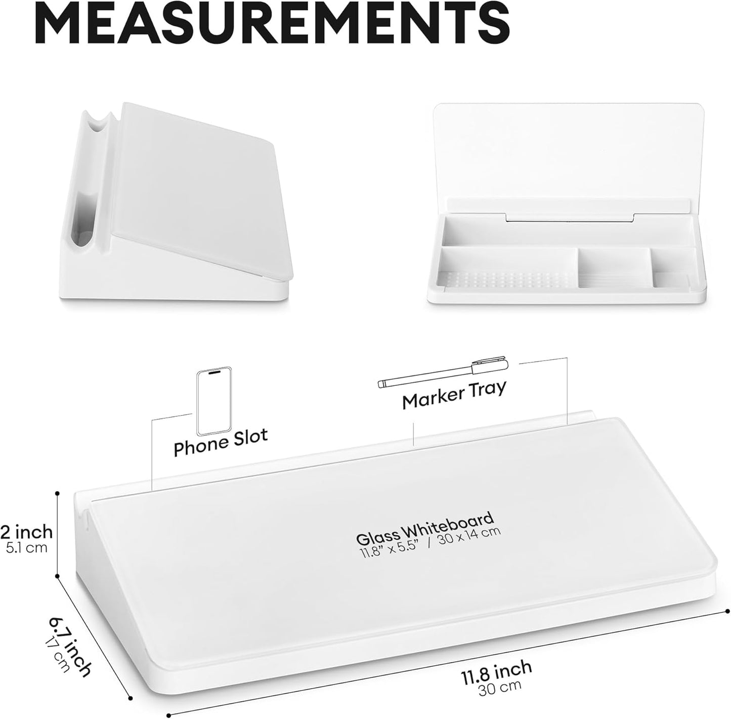 Glass Desktop Whiteboard with Storage 12"x6.5", Glass Whiteboard Desk Dry Erase Board w. 2 Markers,1 Eraser Monitor Mono Board, Office Desk Accessories, Work from Home Essentials
