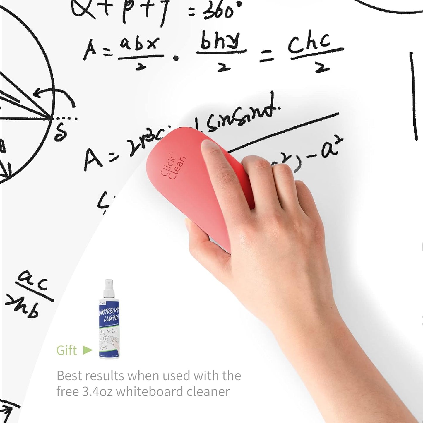 CLICK CLEAN Replaceable Dry Erase Board Eraser, 4-in-1 Magnetic Whiteboard Eraser with 3 Replaceable Felt Pads, Free 3.4oz Whiteboard Cleaner Included, Intended for Classroom, Home and Office