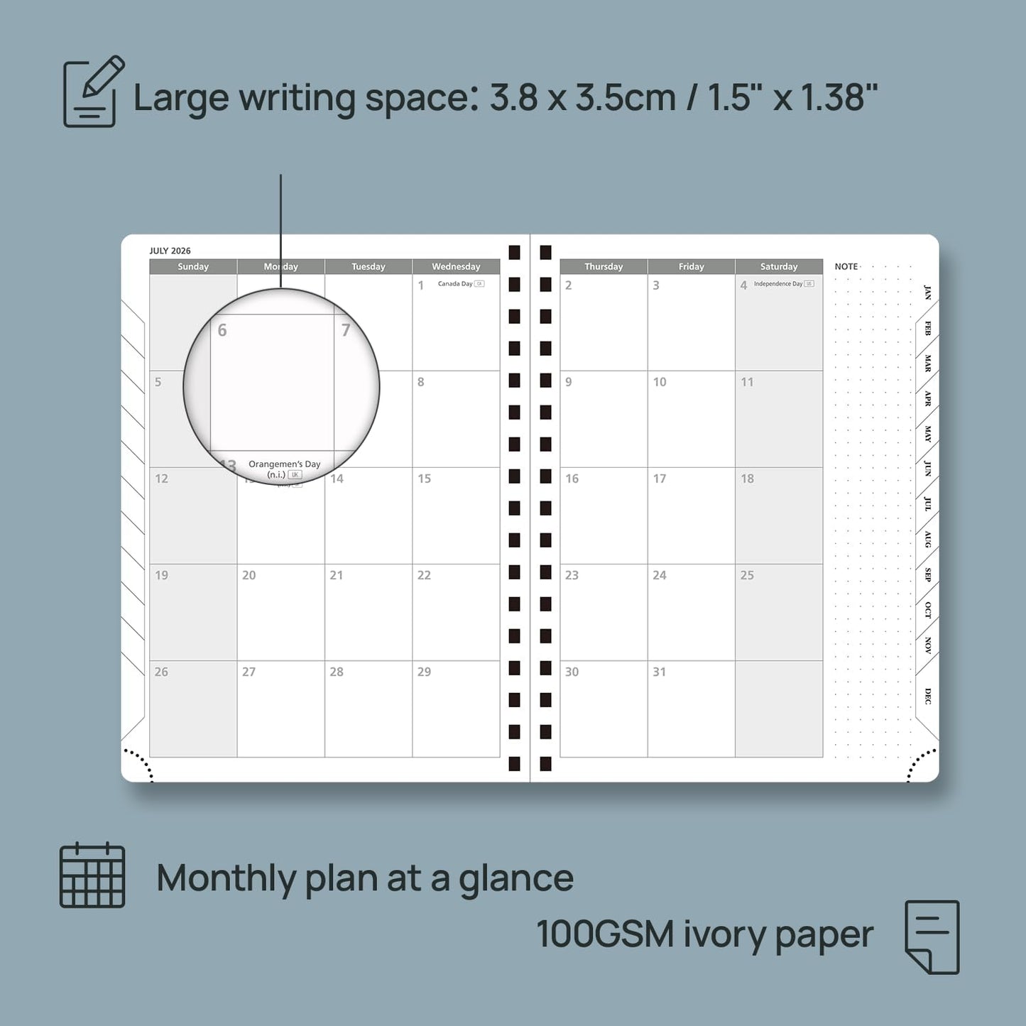POPRUN 2026 Planner Weekly Notebook (Jan-Dec), Medium 8.5''x 6.5'' - Agenda 2026 Calendar Book with Monthly Tabs, Inner Pocket, Spiral Soft Cover, 100 GSM - Cerulean Blue