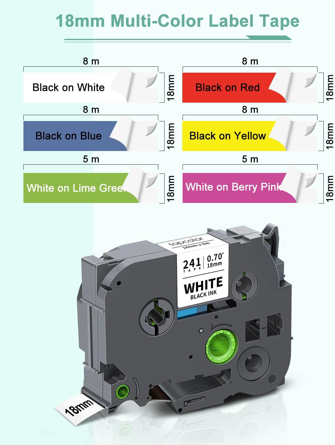 6-Pack 18mm 0.7" Laminated Tape Compatible for Brother P-Touch Label Tape 18mm 0.7 Inch Laminated Colored Tze Tz 3/4" Label for PTD400 PTD610BT PTD410 PTD600, White/Red/Yellow/Blue/Green/Pink