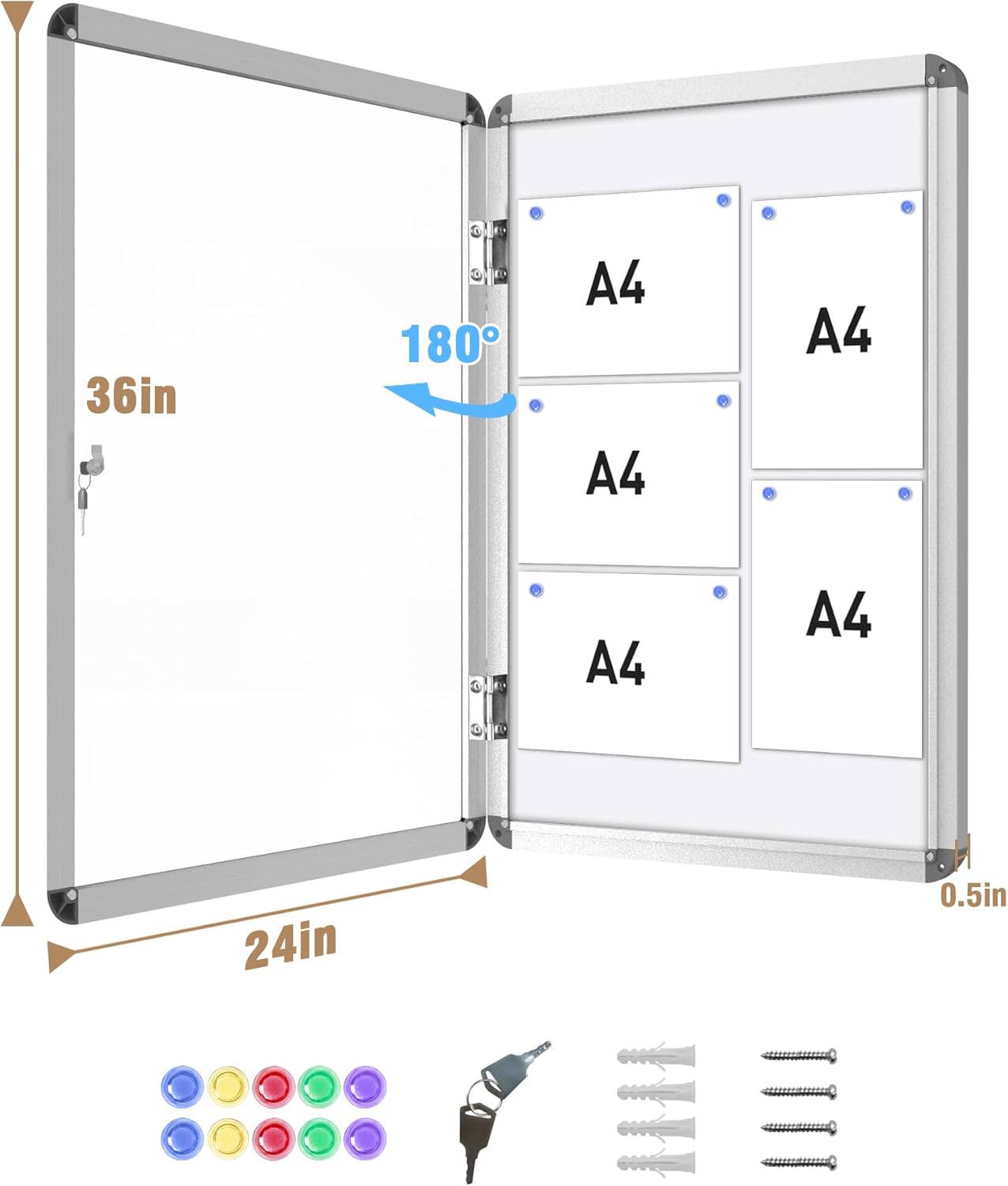 36"x24" Enclosed Bulletin Board, Lockable Weather-Resistant Aluminum Noticeboard for School & Office, Silver Frame w/Magentic Whiteboard