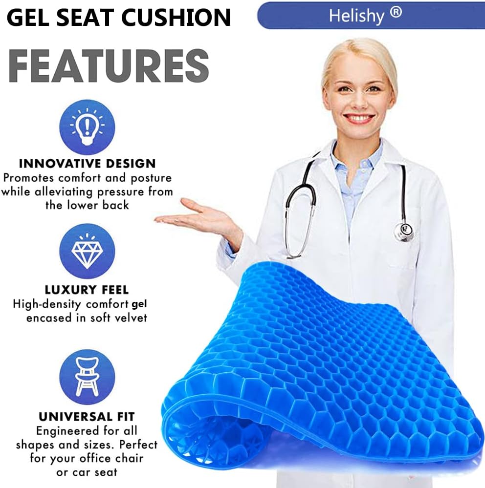 Gel Seat Cushion, Extra Large Breathable Honeycomb Gel Cushion, Absorbs Pressure Points Seat Cushion with Non-Slip Cover for Office Chair Home Cars Wheelchair (Standard, Blue)