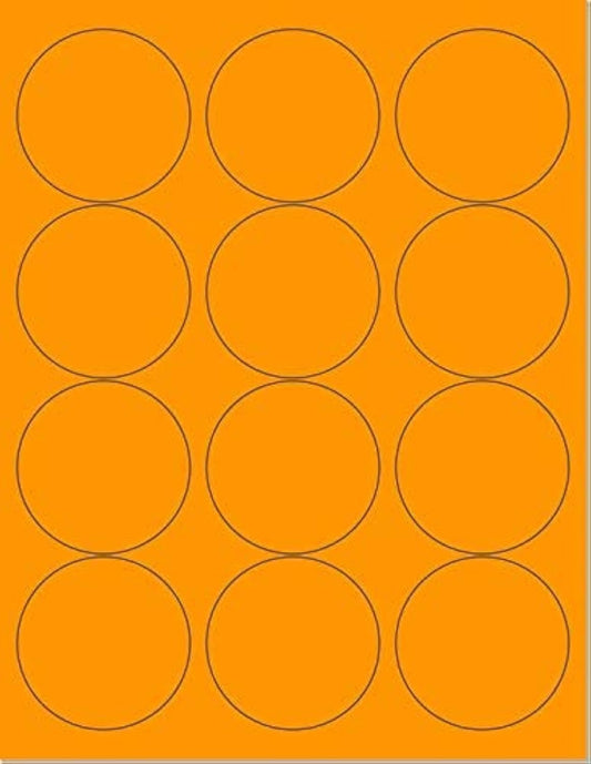 Pack of 100 Sheets, 8-1/2 x 11" Fluorescent Labels for Laser & Inkjet Printer (Orange Fluorescent, 2-1/2" Round - 12 per Page, 1200 Labels)