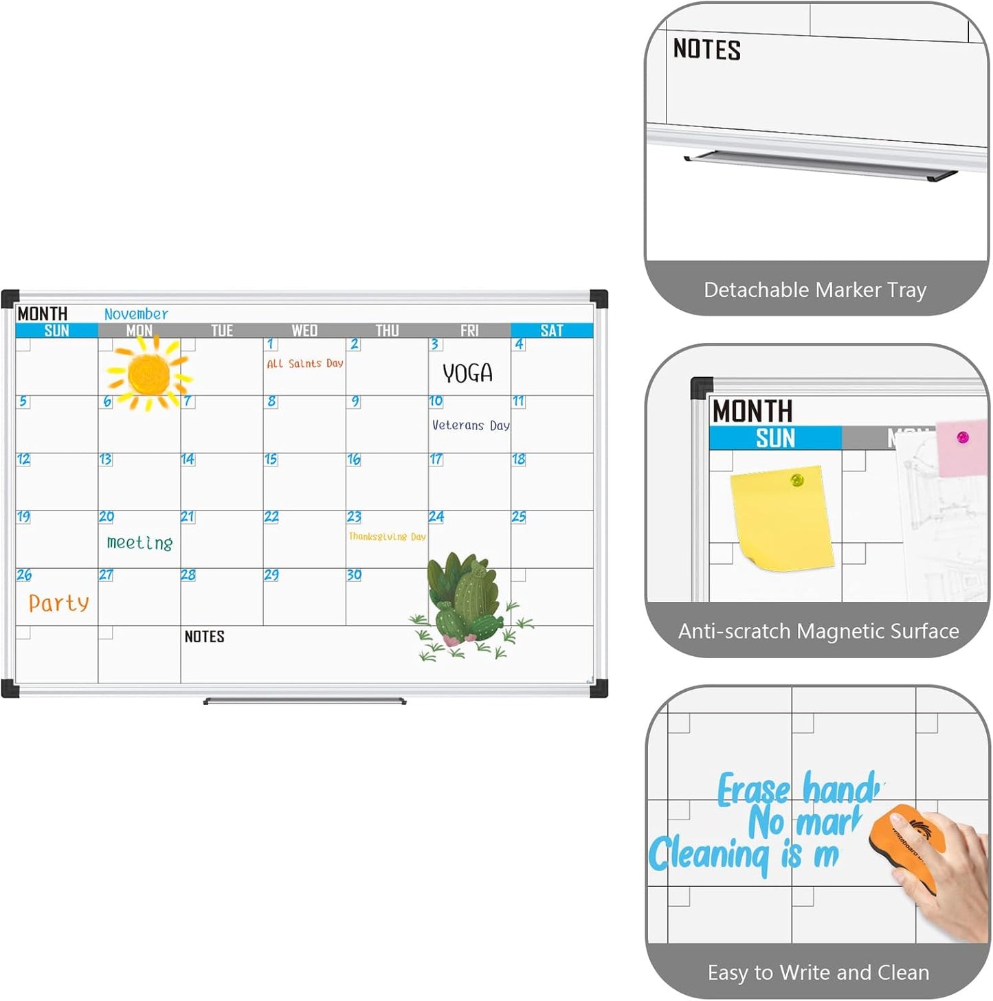 XBoard Magnetic Calendar Whiteboard 48" x 36" - Monthly Calendar Dry Erase Board, White Board + Colorful Calendar Board, Silver Aluminium Framed Monthly Planning Board