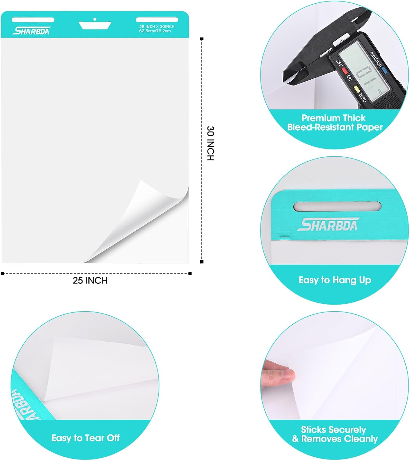 Sticky Easel Pad, 25 in x 30 in,Flip Chart Paper,Sticky Chart Paper for Teachers, Large Self-Stick Easel Paper,Super Sticky & Bleed-Resistant,30 Sheets/Pad,2 Pads