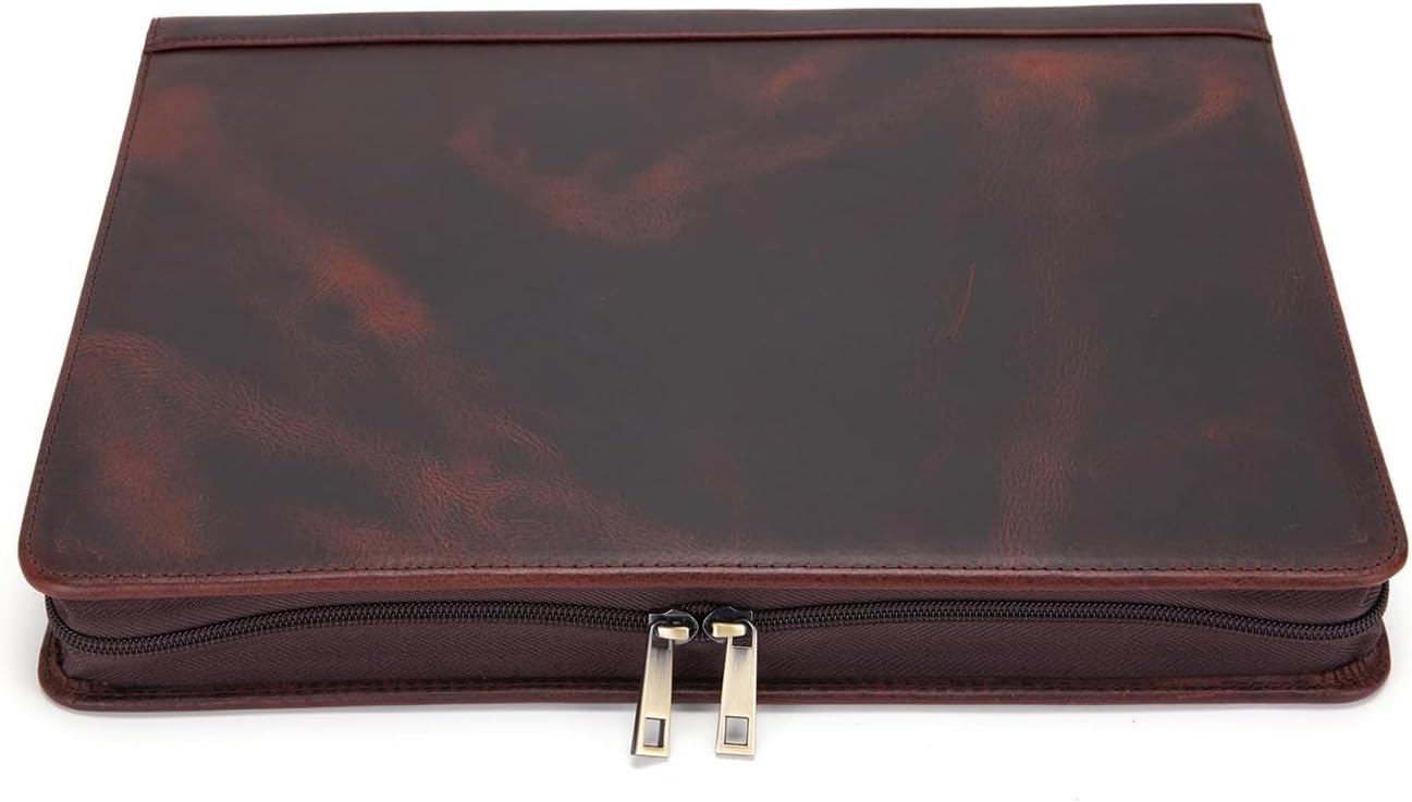 Genuine Leather Portfolio for Women and Men, 8.5 x 11 Legal Pad Padfolio, Zippered Notebook Organizer for 13” Laptop, Business Executive Professional Folio for Work, Dark Brown, Oil Tanned