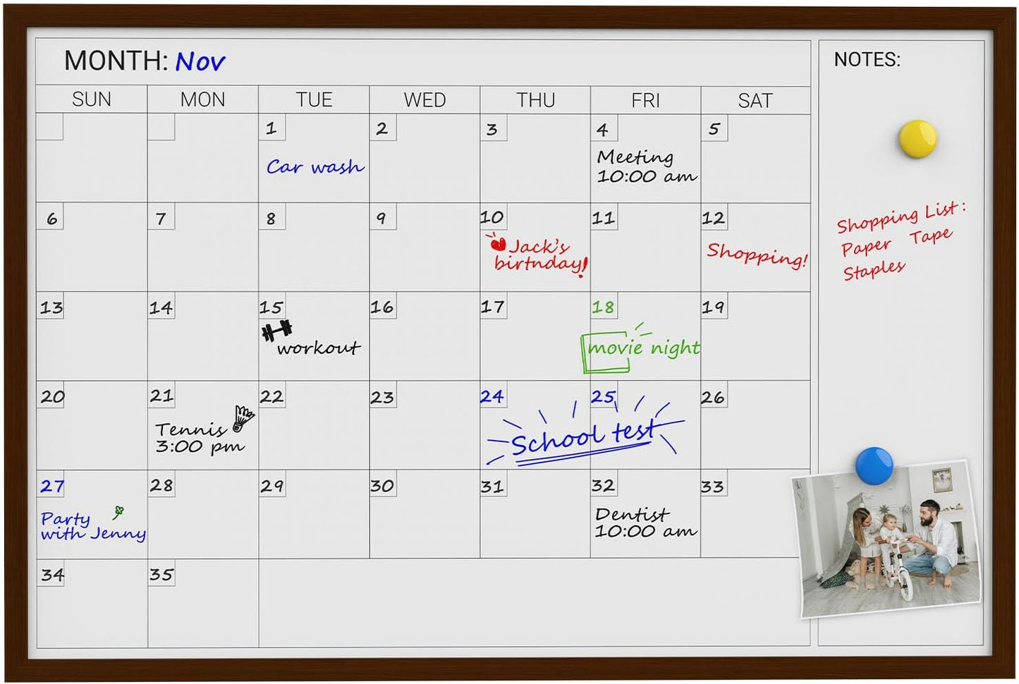 Comix Dry Erase Calendar Whiteboard for Wall,Magnetic Dry Erase White Board with Brown Wood Frame, 36 * 24 inches Decorative Planner Board for Office, Kitchen, School, Home