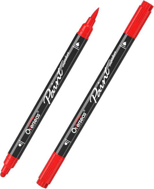 Overseas Red Acrylic Paint Markers, 2 Pack Dual Tip Paint Pens Acrylic Markers with Dot and Brush Tip, Coloring Marker for Wood, Rock, Canvas, Glass, Metal, Ceramic, Plastic, Fabric, School Supplies