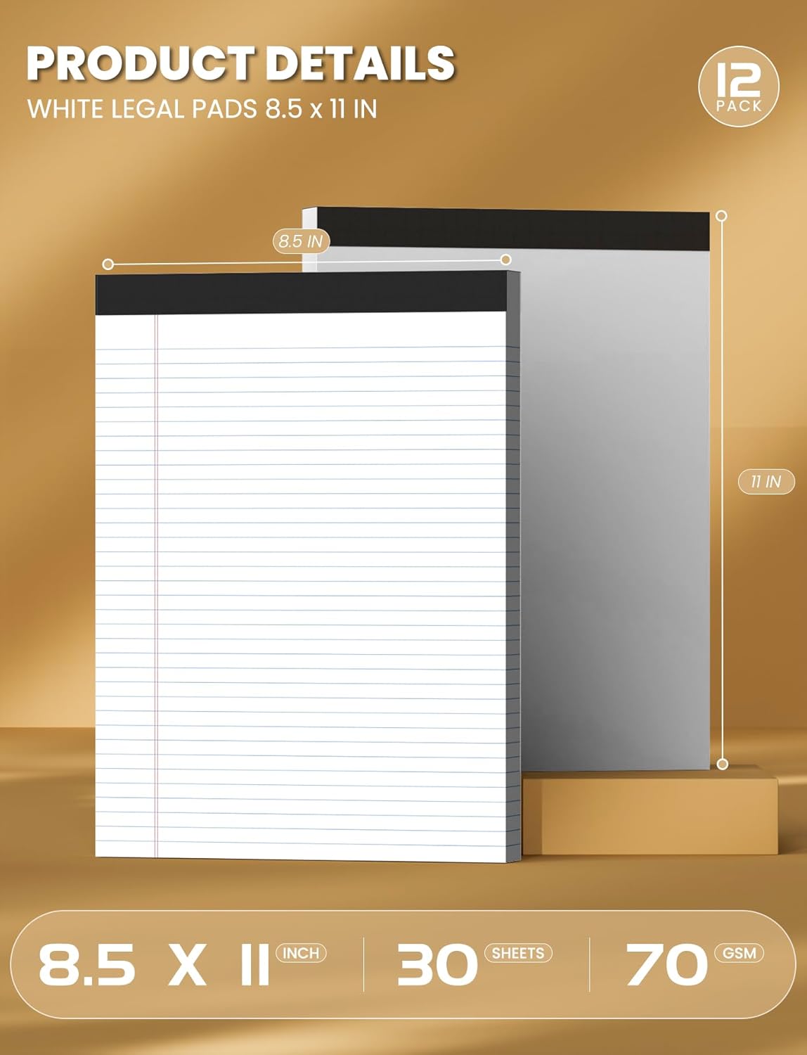 12 Pack White Legal Pads 8.5 x 11 College Ruled, 30 Sheets Per Note Pads 8.5 x 11, Perforated Lined Paper Pads 8.5 x 11.75, Writing Pads with Sturdy Backing, Legal Notepads for School, Office, Home