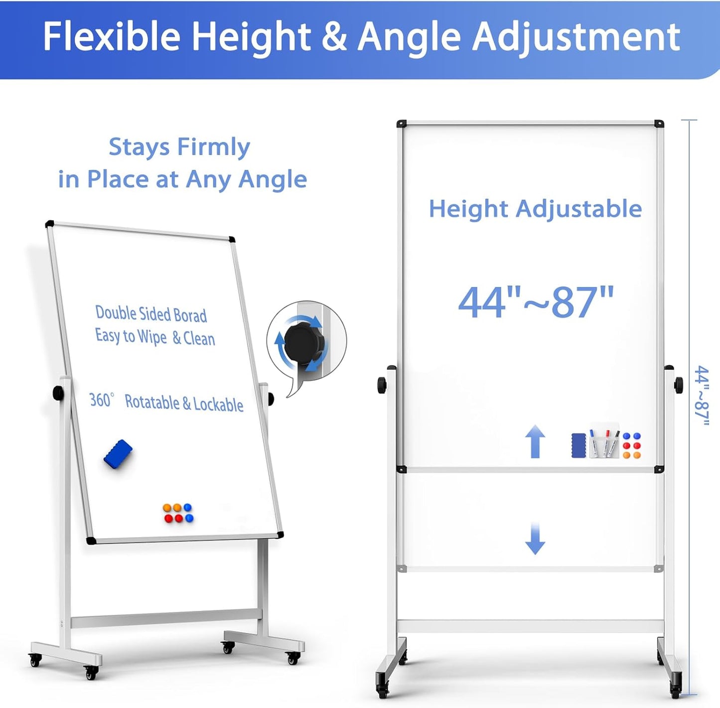 Rolling Whiteboard on Wheels, Double-Sided Magnetic Dry Erase Board with Stand, Mobile White Board for Office, Classroom, Home (32" x 48")