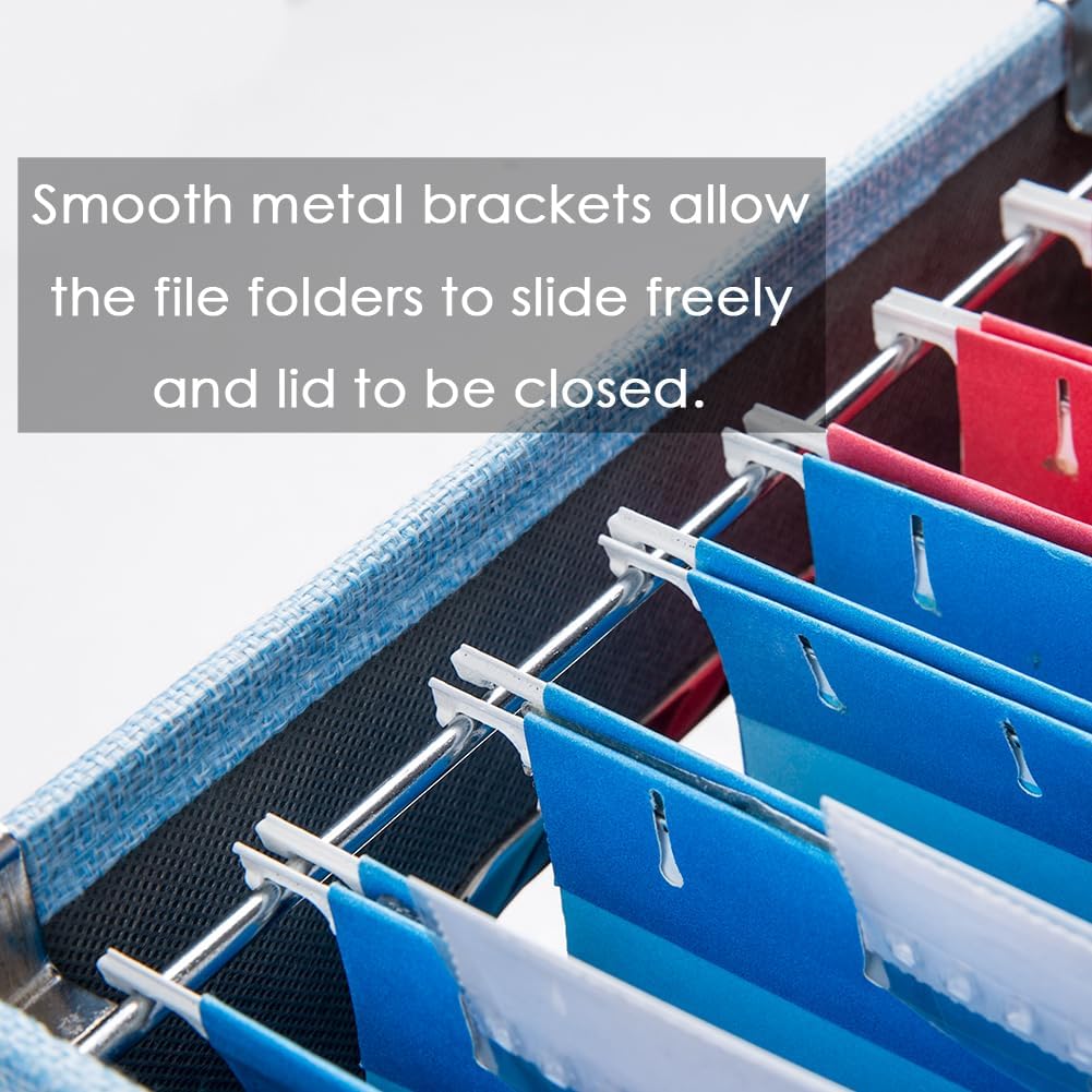 PRANDOM File Organizer Box - Set of 2 Collapsible Decorative Linen Filing Storage Hanging File Folders with Lids Office Cabinet Letter Size Blue (14x9.3x10.8 inch)